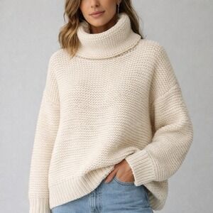 Fisherman Chunky Knit Turtleneck Sweater Sz S/M Cream Oversized Cozy Heavyweight